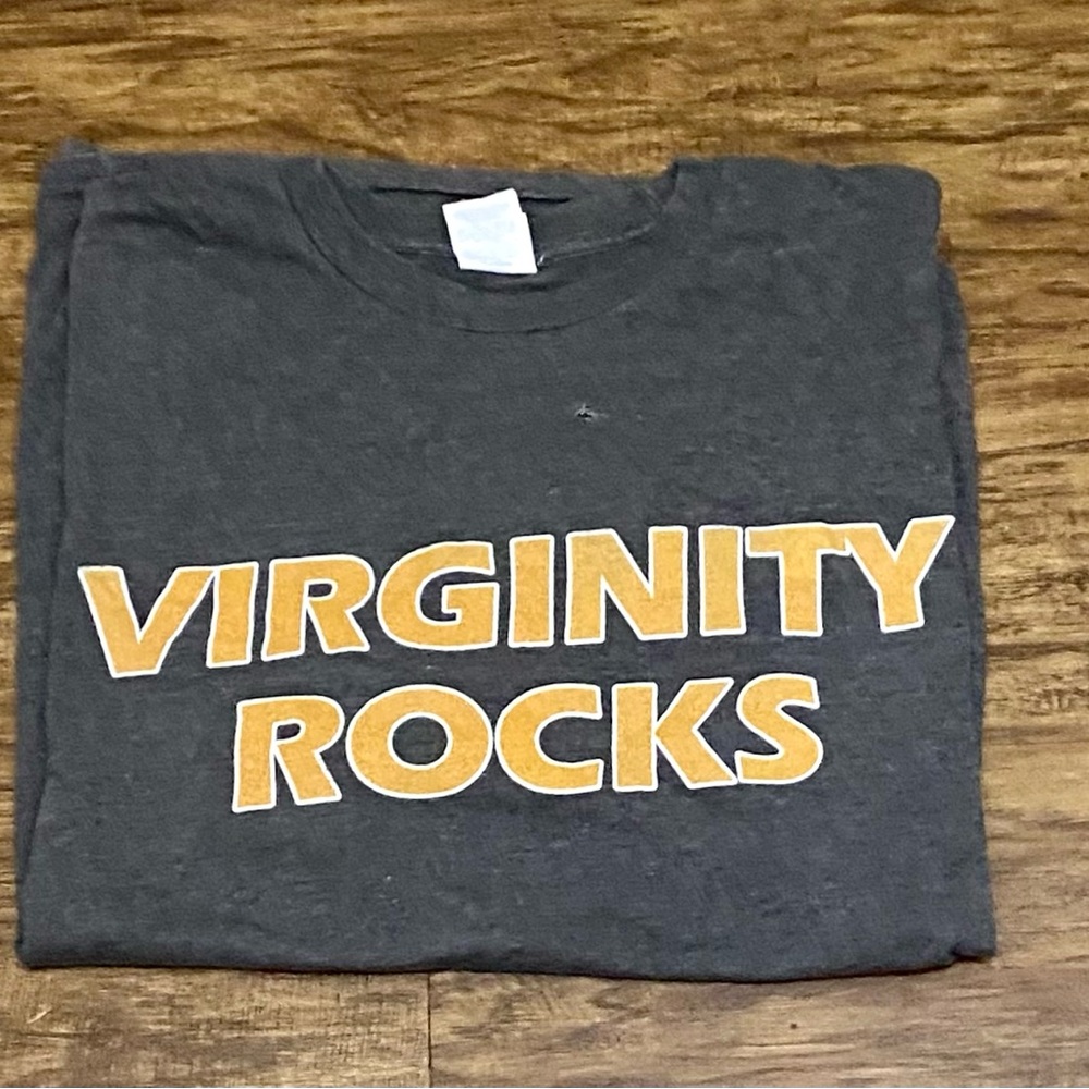 A gently used virginity rock T-shirt men size large